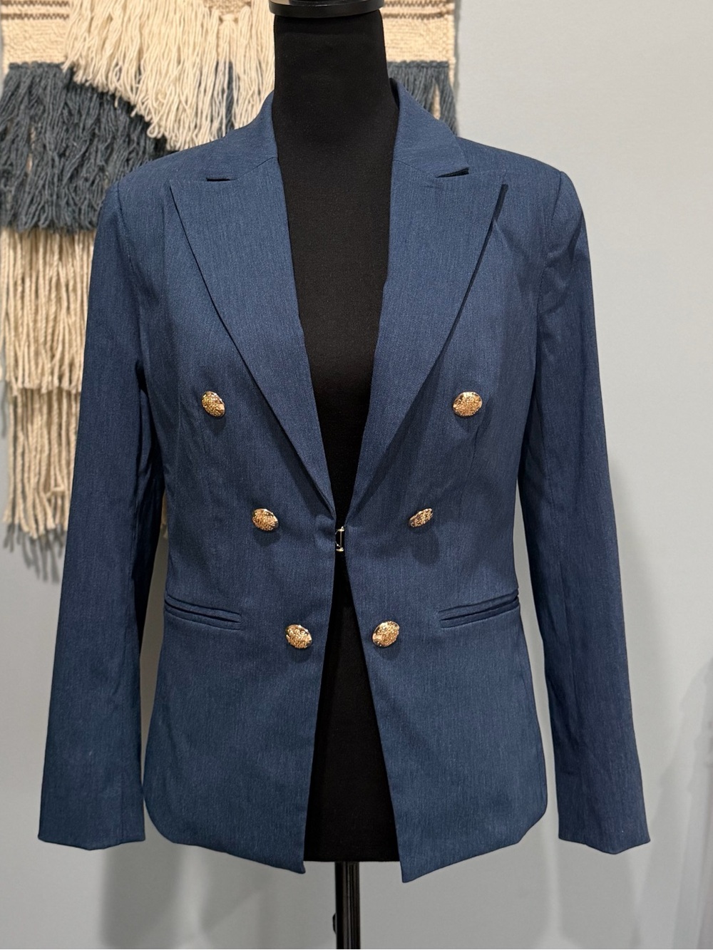 Ella Rafaella Blue Gold Button Blazer Jacket Size 8 Tailored Chic Classic